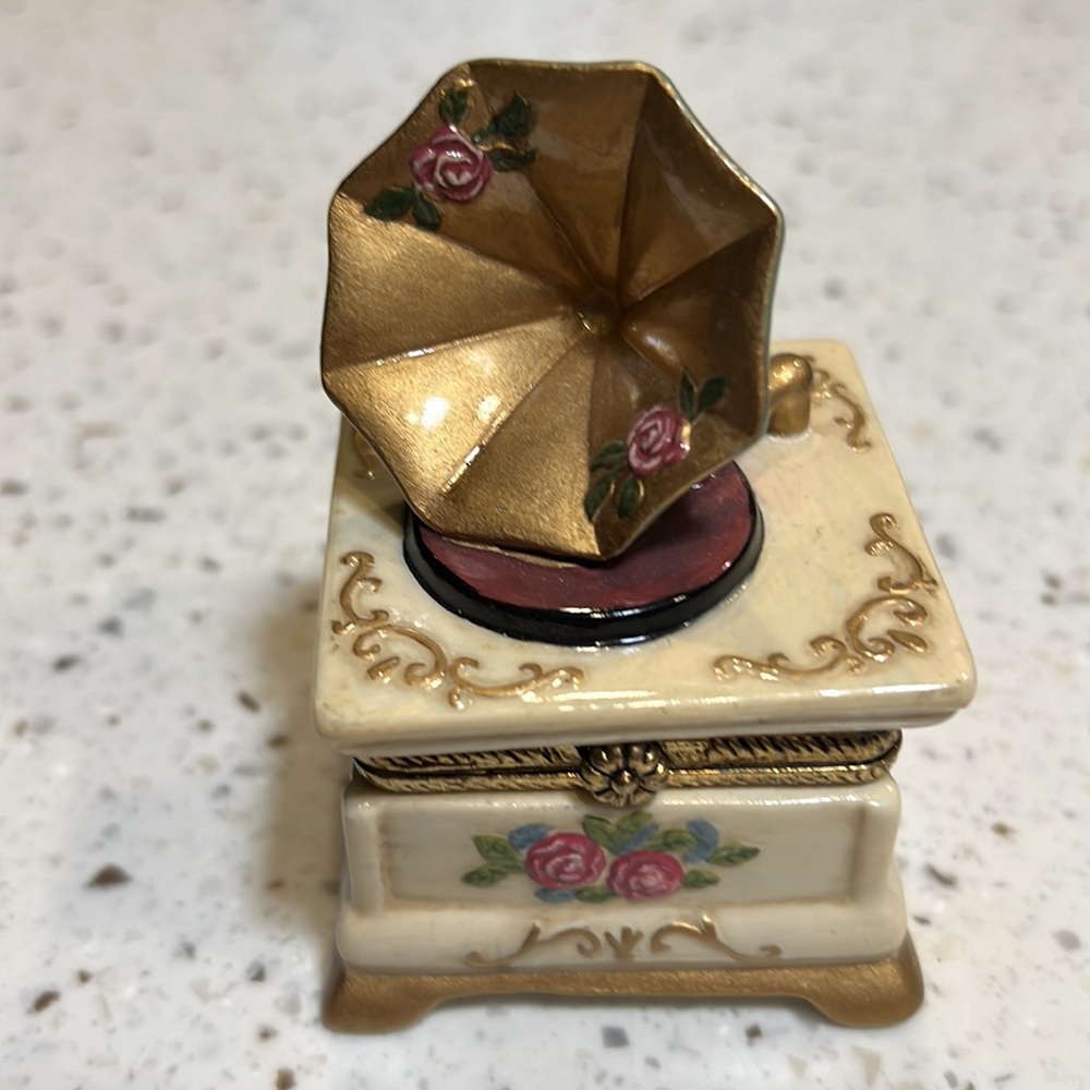 Gramophone Trinket Box Porcelain Record Player with Embossed Roses